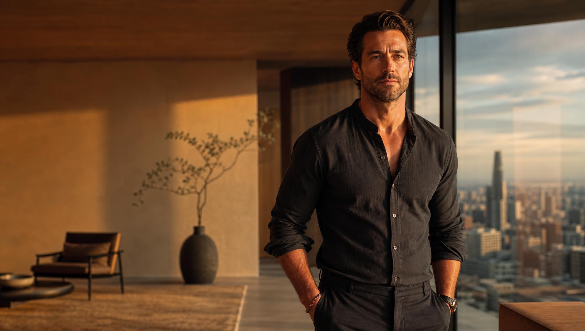 A confident man in a premium modern space overlooking the city at golden hour, symbolizing taking control of health and future